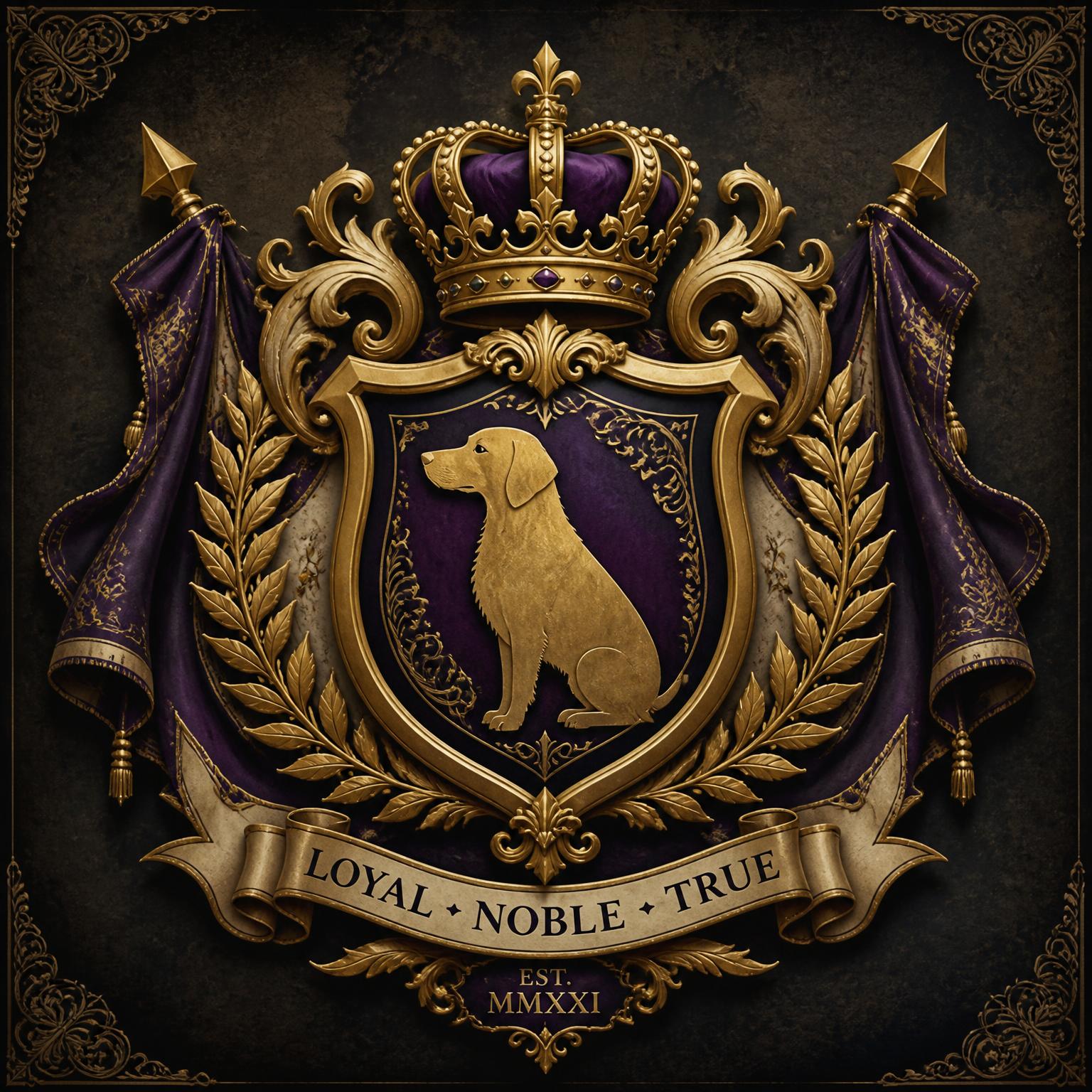 An illustrated royal coat of arms bearing a noble dog